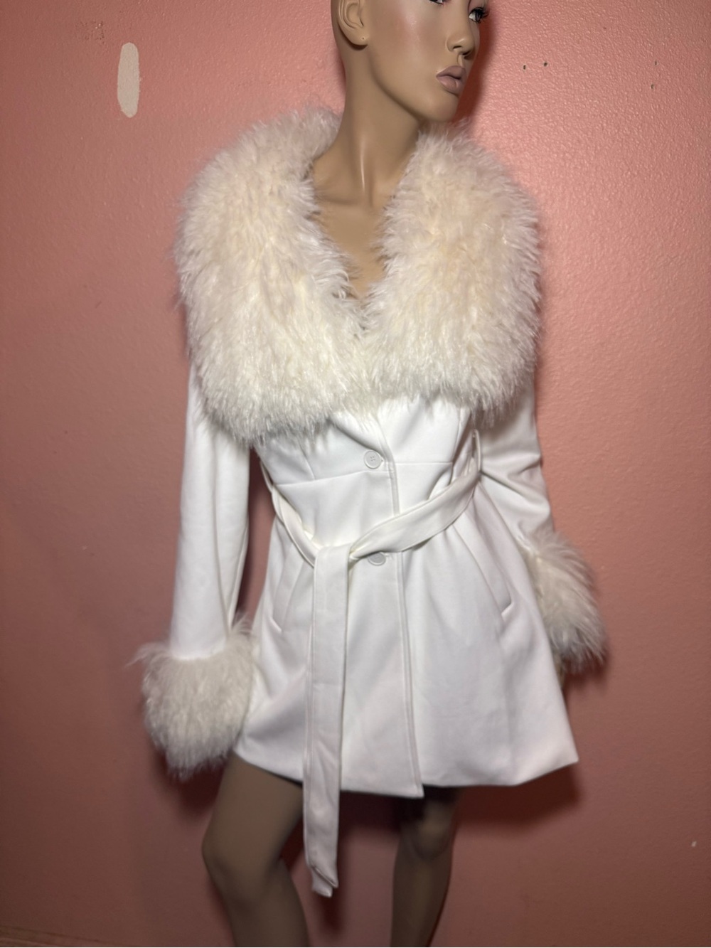 Windsor Ivory Faux Fur Trim Belted Coat Jacket NWT Size M